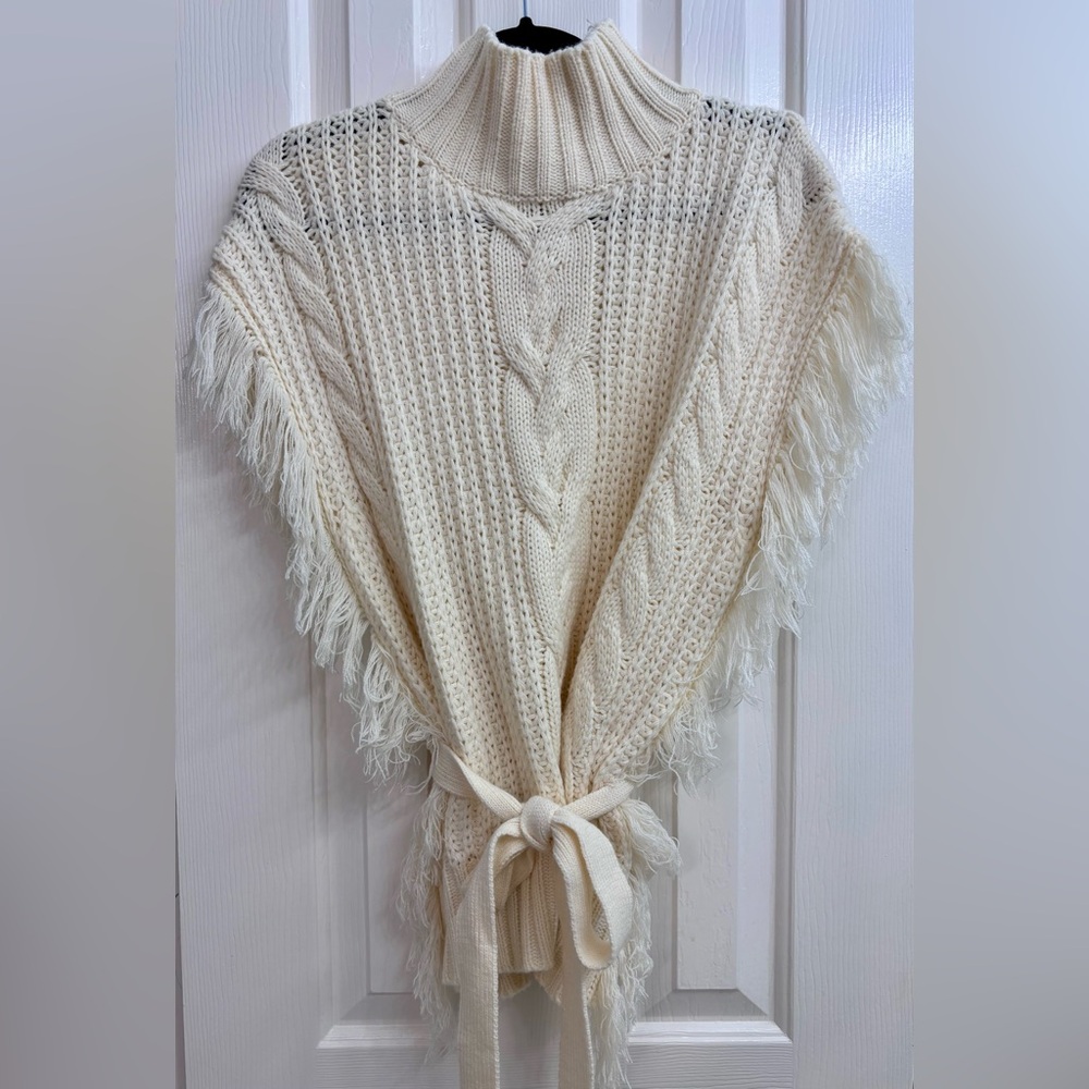 SAGE THE LABEL Fringed Cable-Knit Turtleneck Sweater in Ivory/Cream - Picture 2 of 16